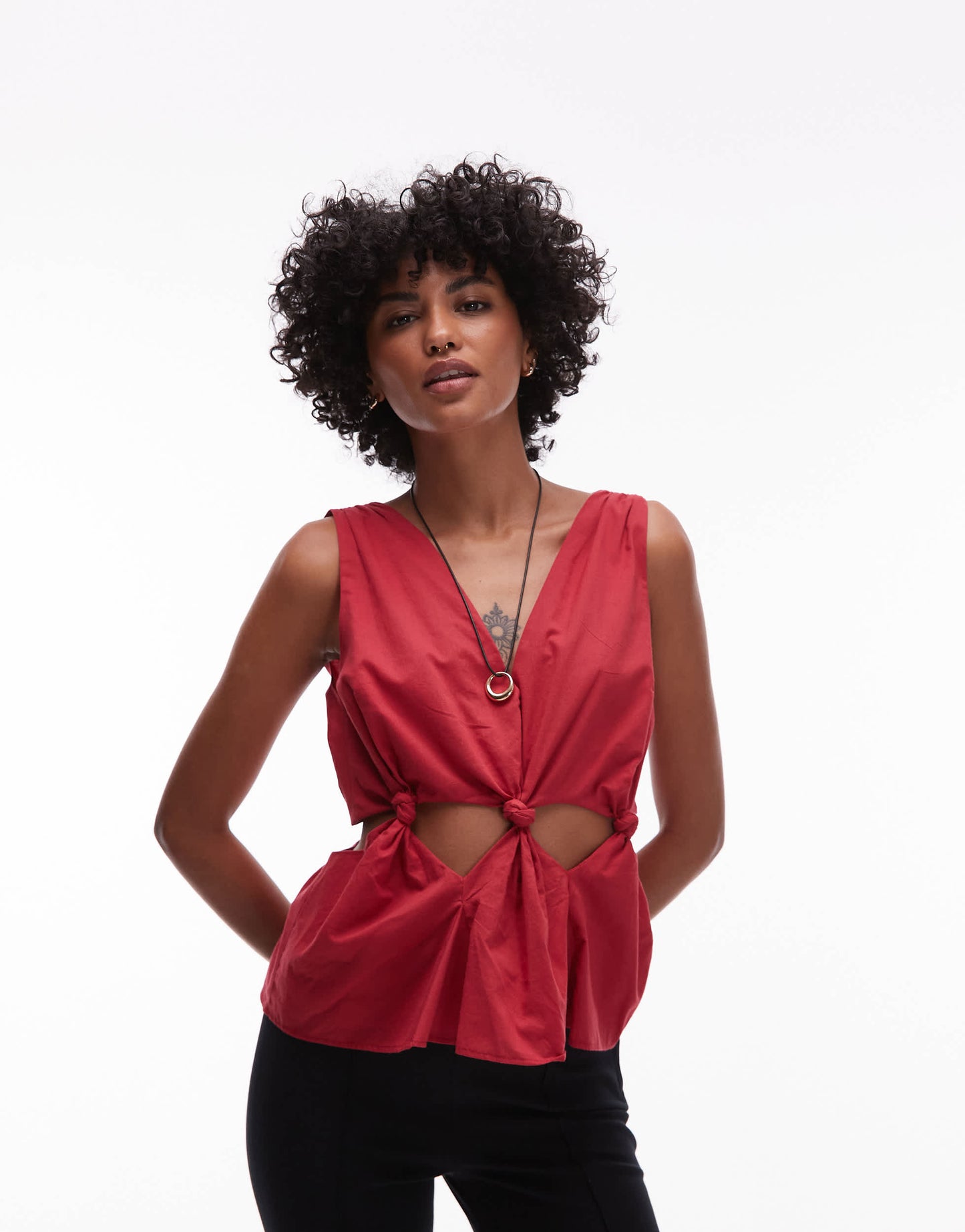 Topshop cotton voil sleeveles knot waist top in red