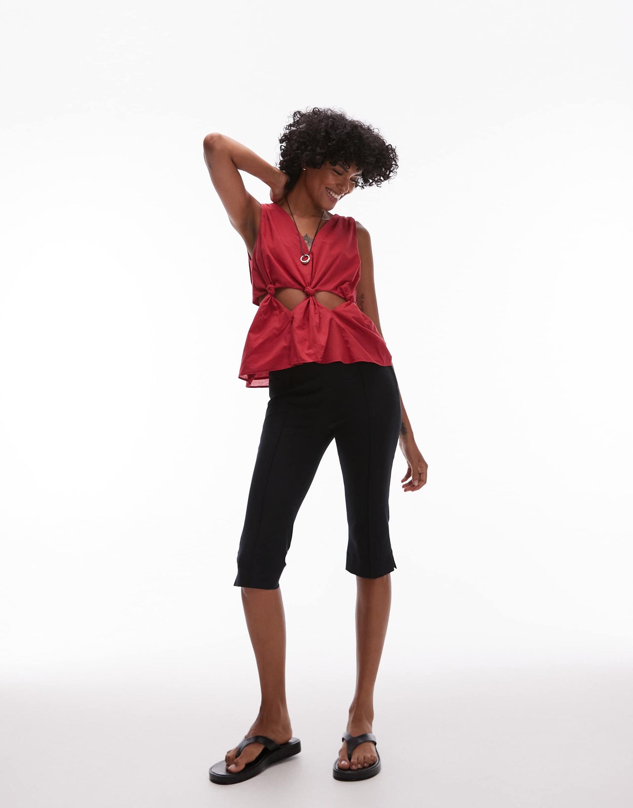 Topshop cotton voil sleeveles knot waist top in red