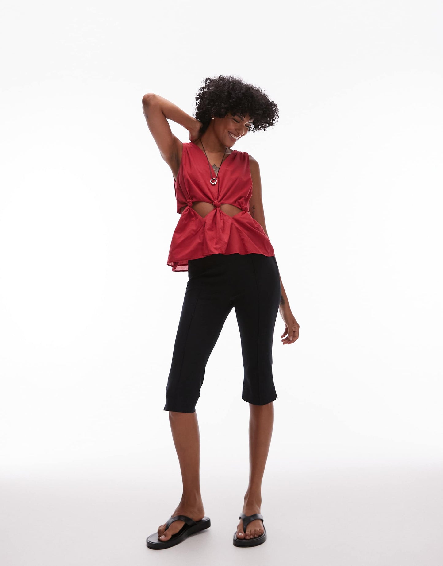 Topshop cotton voil sleeveles knot waist top in red