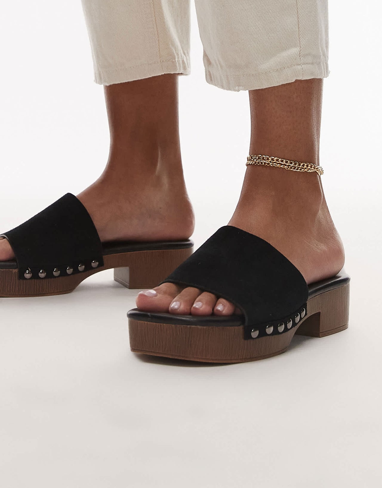 Topshop Hamilton suede clog with studs in Black