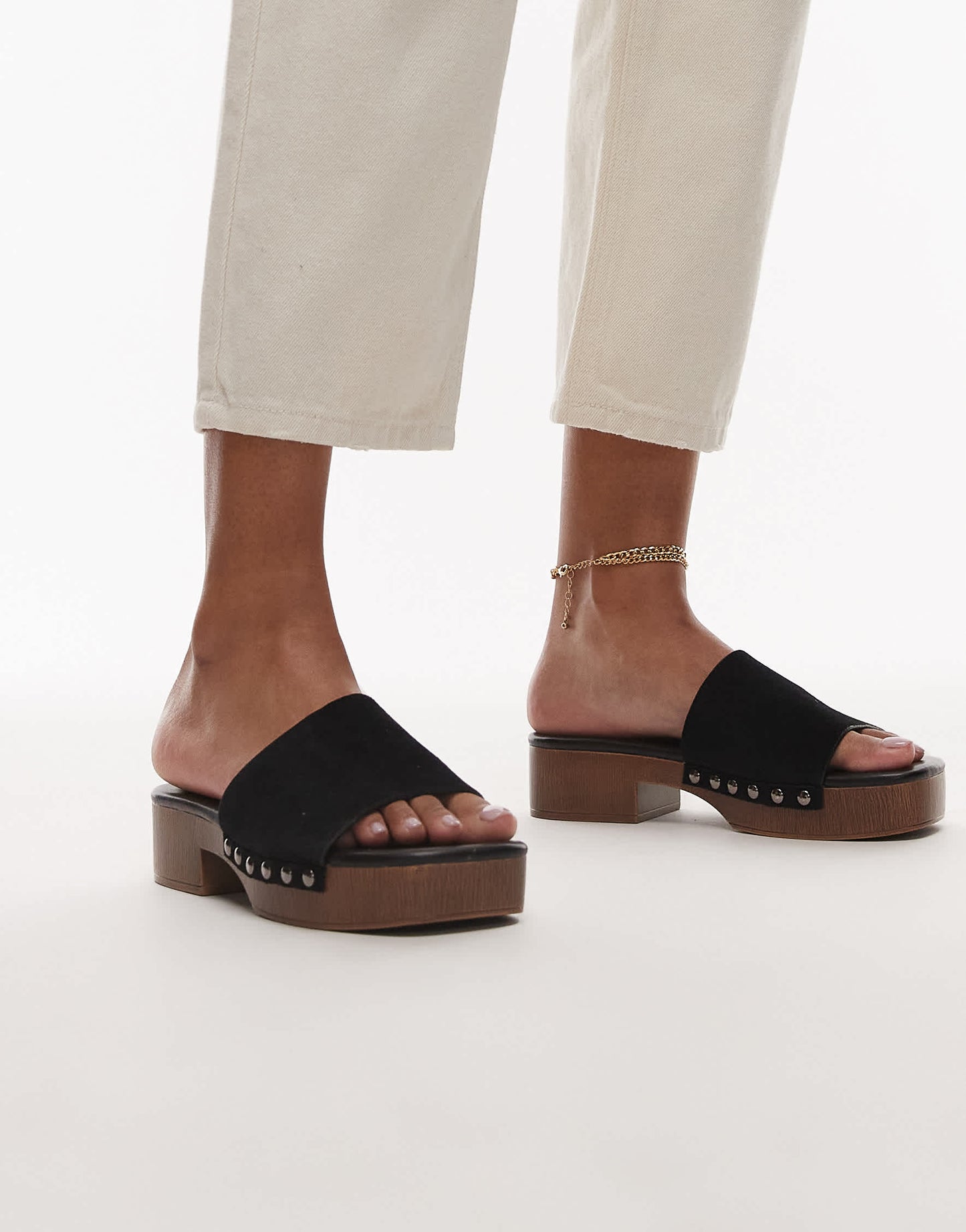 Topshop Hamilton suede clog with studs in Black