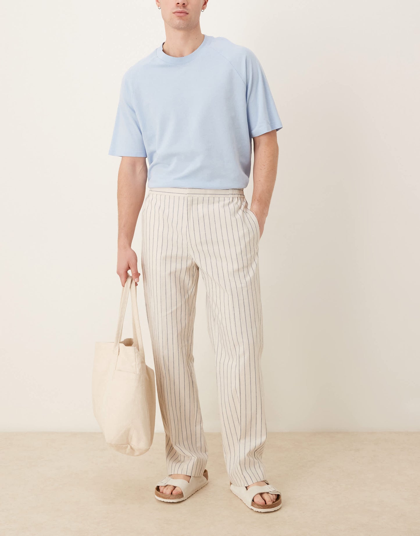 ASOS DESIGN smart straight leg cotton blend trousers in white pinstripe