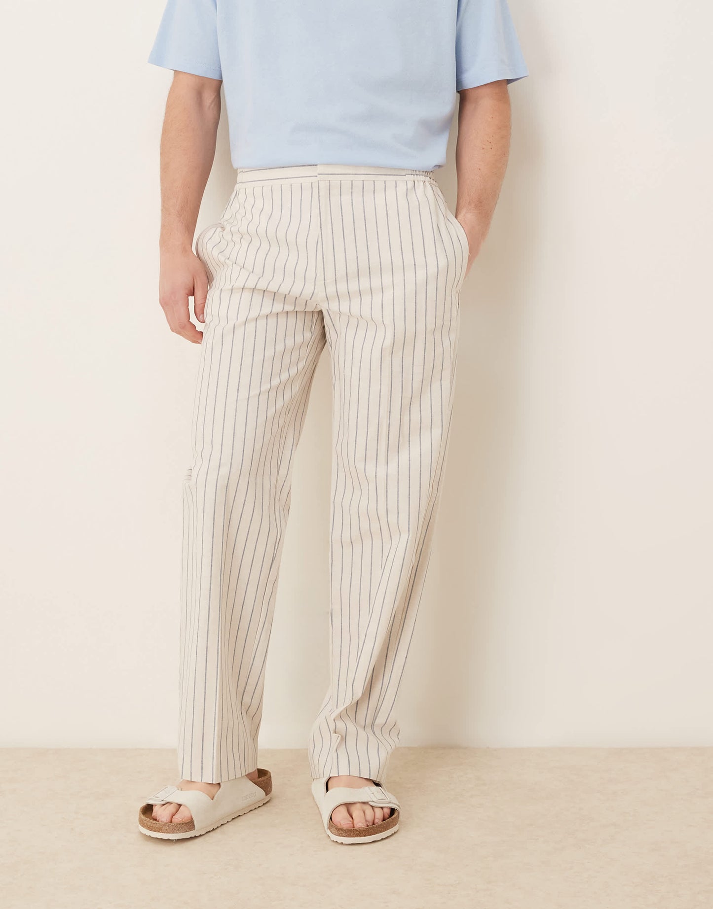 ASOS DESIGN smart straight leg cotton blend trousers in white pinstripe