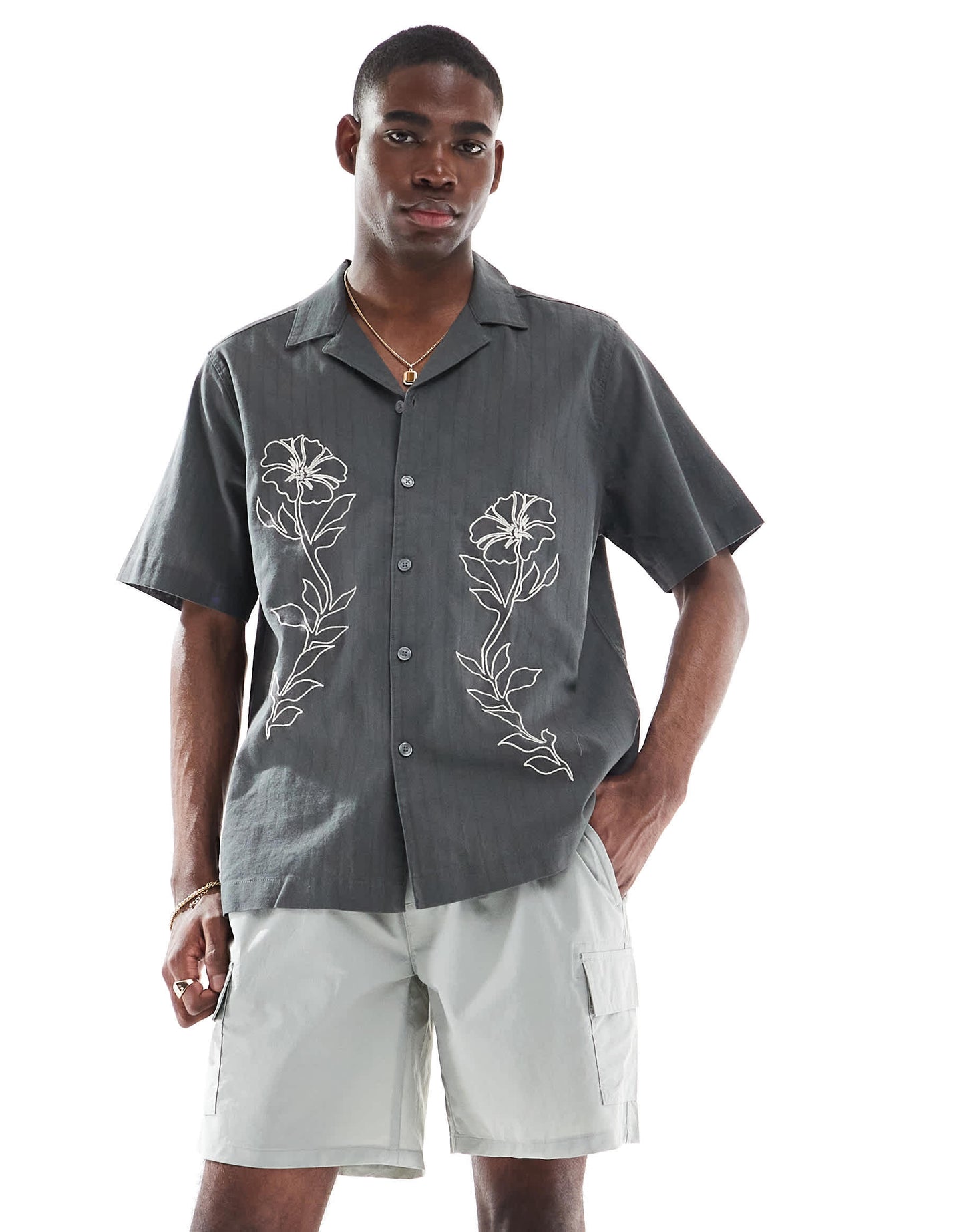 ONLY & SONS embroidery detail resort shirt in grey