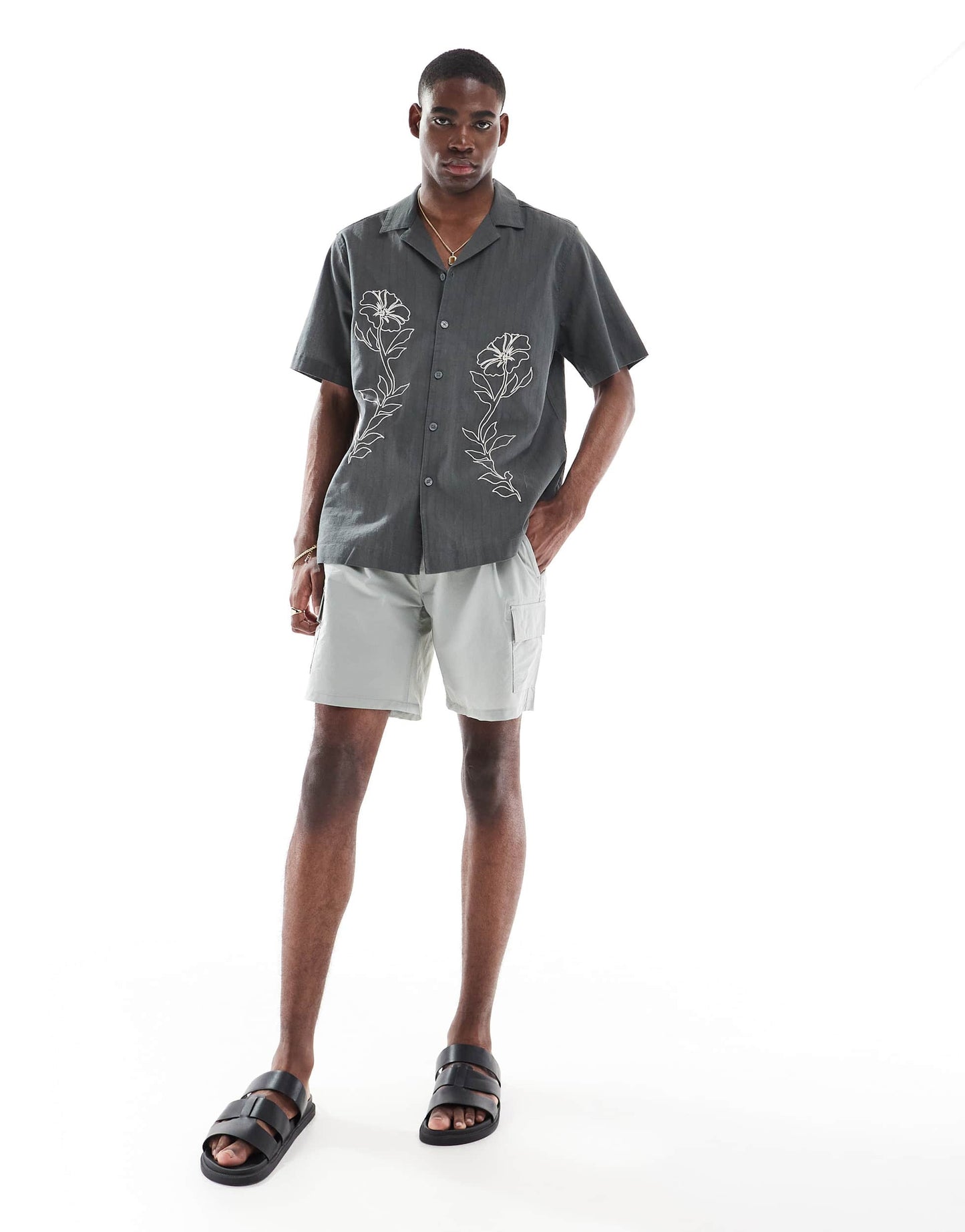 ONLY & SONS embroidery detail resort shirt in grey