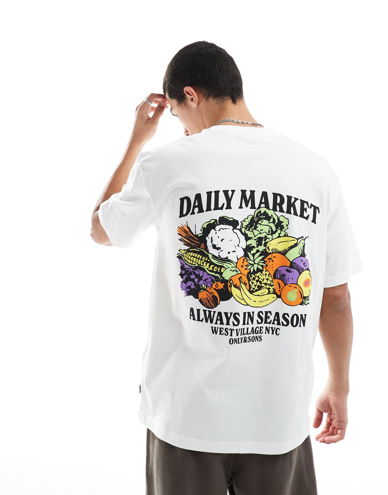 ONLY & SONS relaxed fit t-shirt with daily market textured back print in white