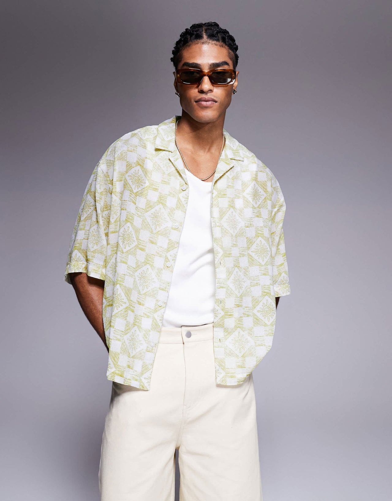 ASOS DESIGN boxy oversized textured shirt with tile print in sage green