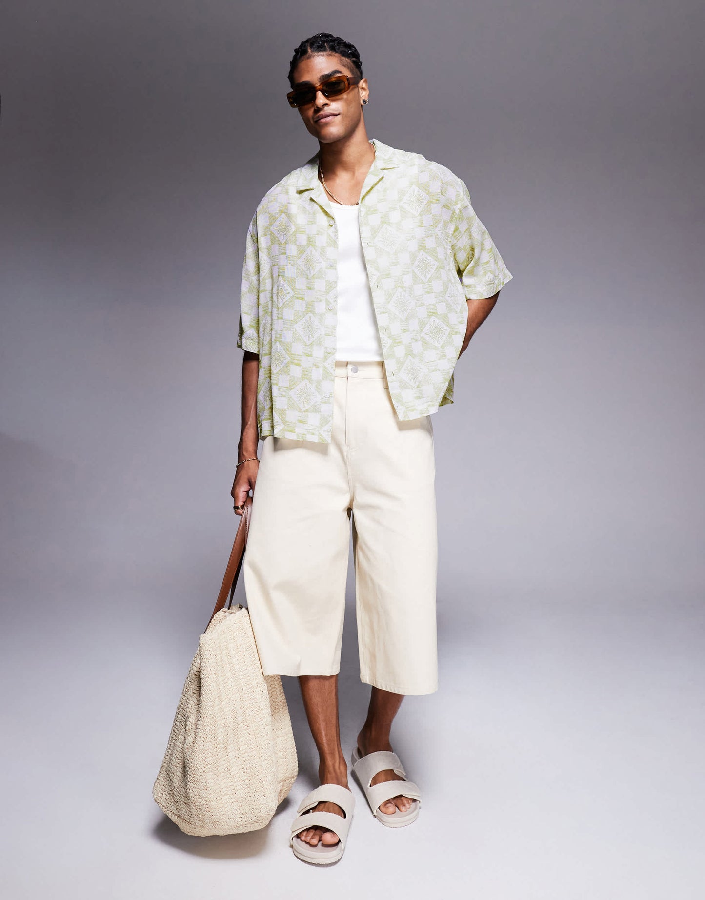 ASOS DESIGN boxy oversized textured shirt with tile print in sage green