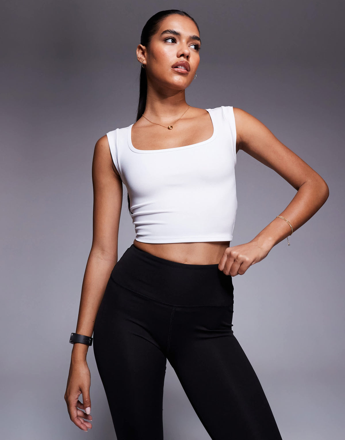 4505 active square neck cap sleeve top in white