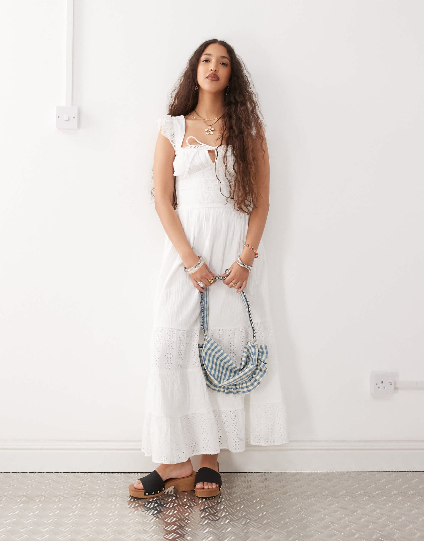 Reclaimed Vintage maxi western summer dress with broderie layers and tie front in white
