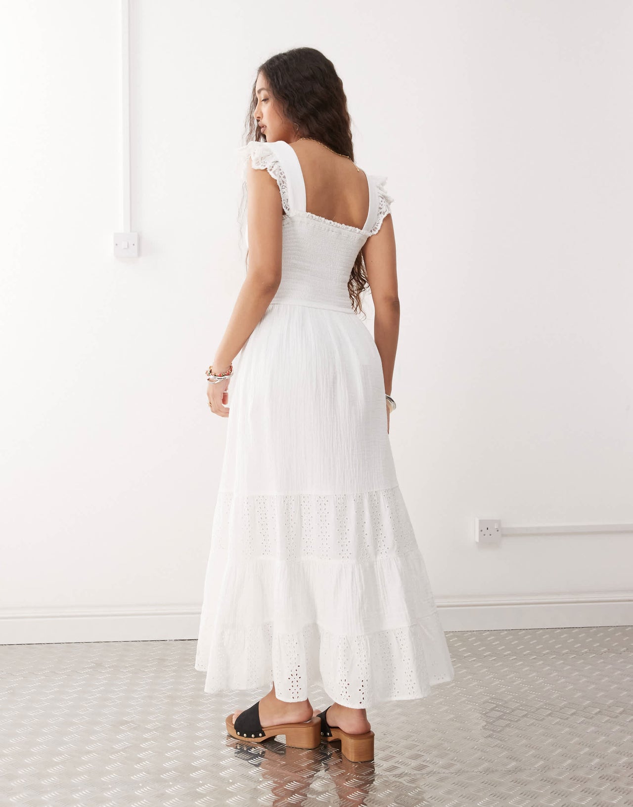 Reclaimed Vintage maxi western summer dress with broderie layers and tie front in white