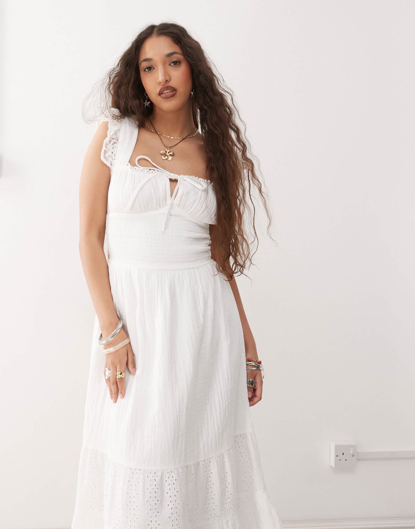 Reclaimed Vintage maxi western summer dress with broderie layers and tie front in white