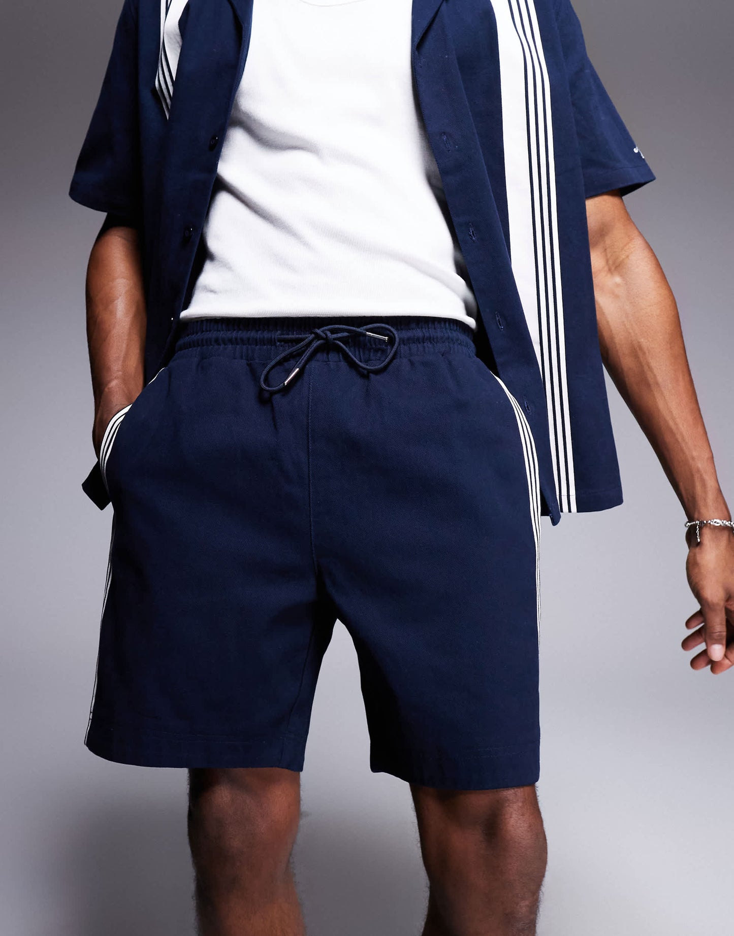 Alma De Ace stripe detail logo knitted shorts co-ord in navy