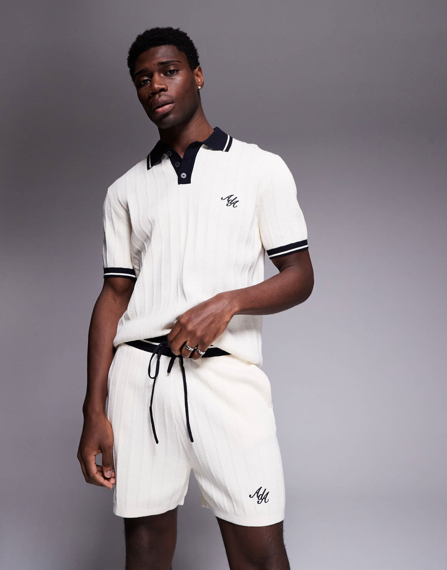 Alma De Ace logo knitted shorts co-ord in beige