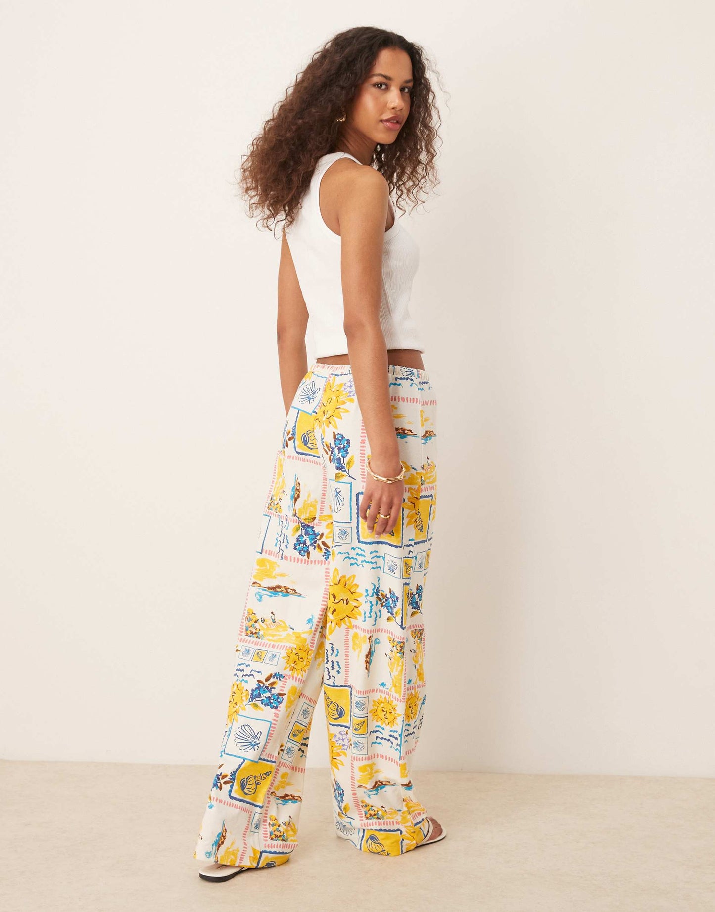 ASOS DESIGN linen look wide leg trouser co-ord in postcard print