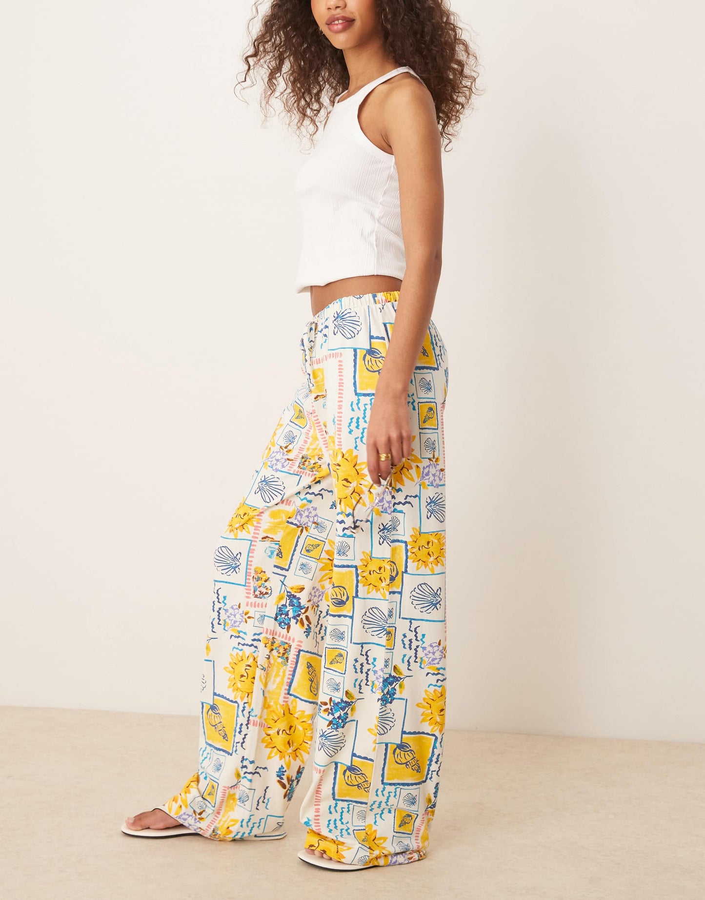 ASOS DESIGN linen look wide leg trouser co-ord in postcard print