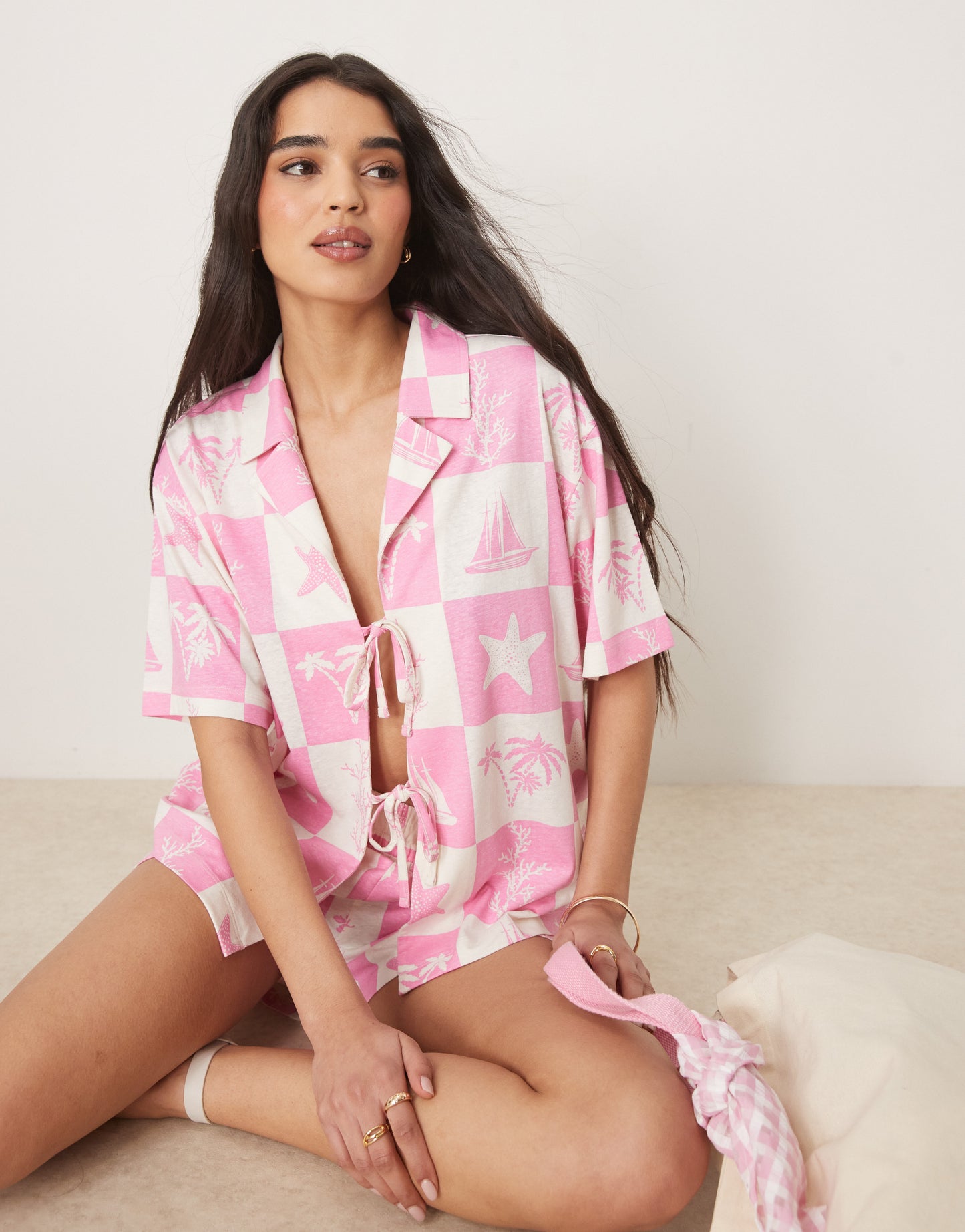ASOS DESIGN linen look revere shirt co-ord in pink shell print
