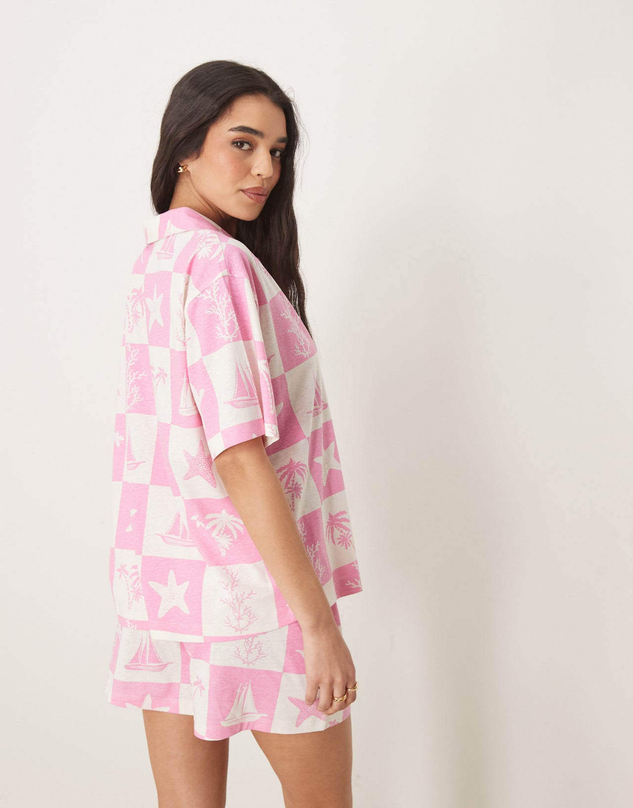 ASOS DESIGN linen look revere shirt co-ord in pink shell print