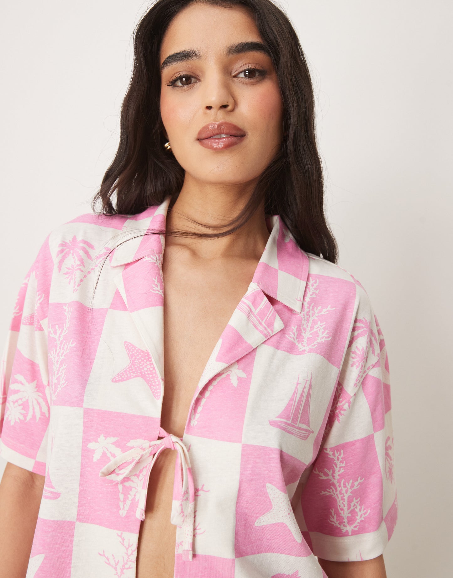 ASOS DESIGN linen look revere shirt co-ord in pink shell print