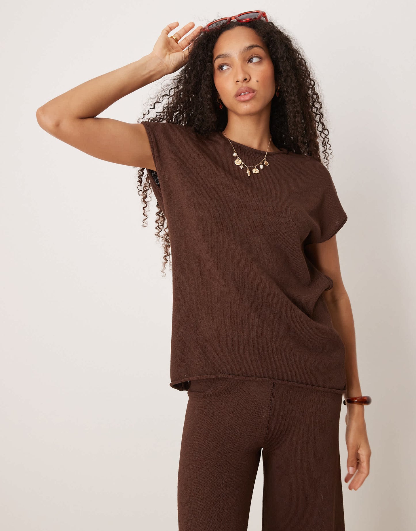 ASOS DESIGN knitted slub t shirt co-ord in chocolate