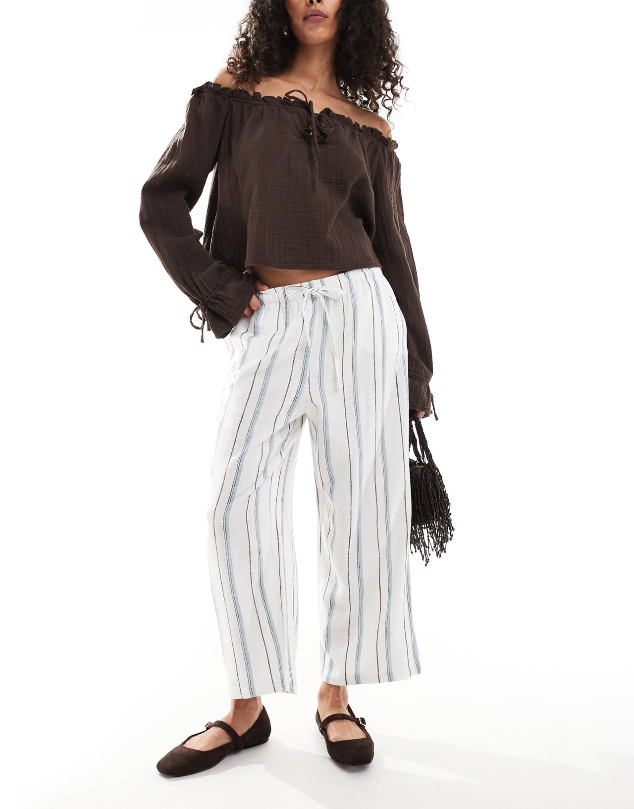 ONLY linen mix wide leg trousers in cream and blue stripe