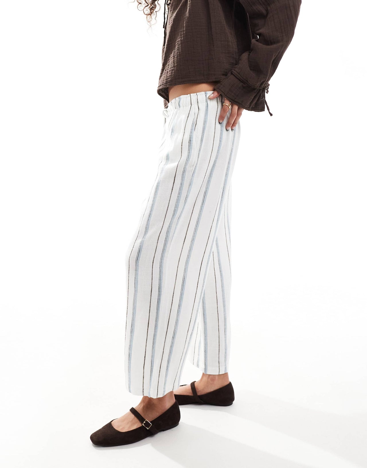 ONLY linen mix wide leg trousers in cream and blue stripe