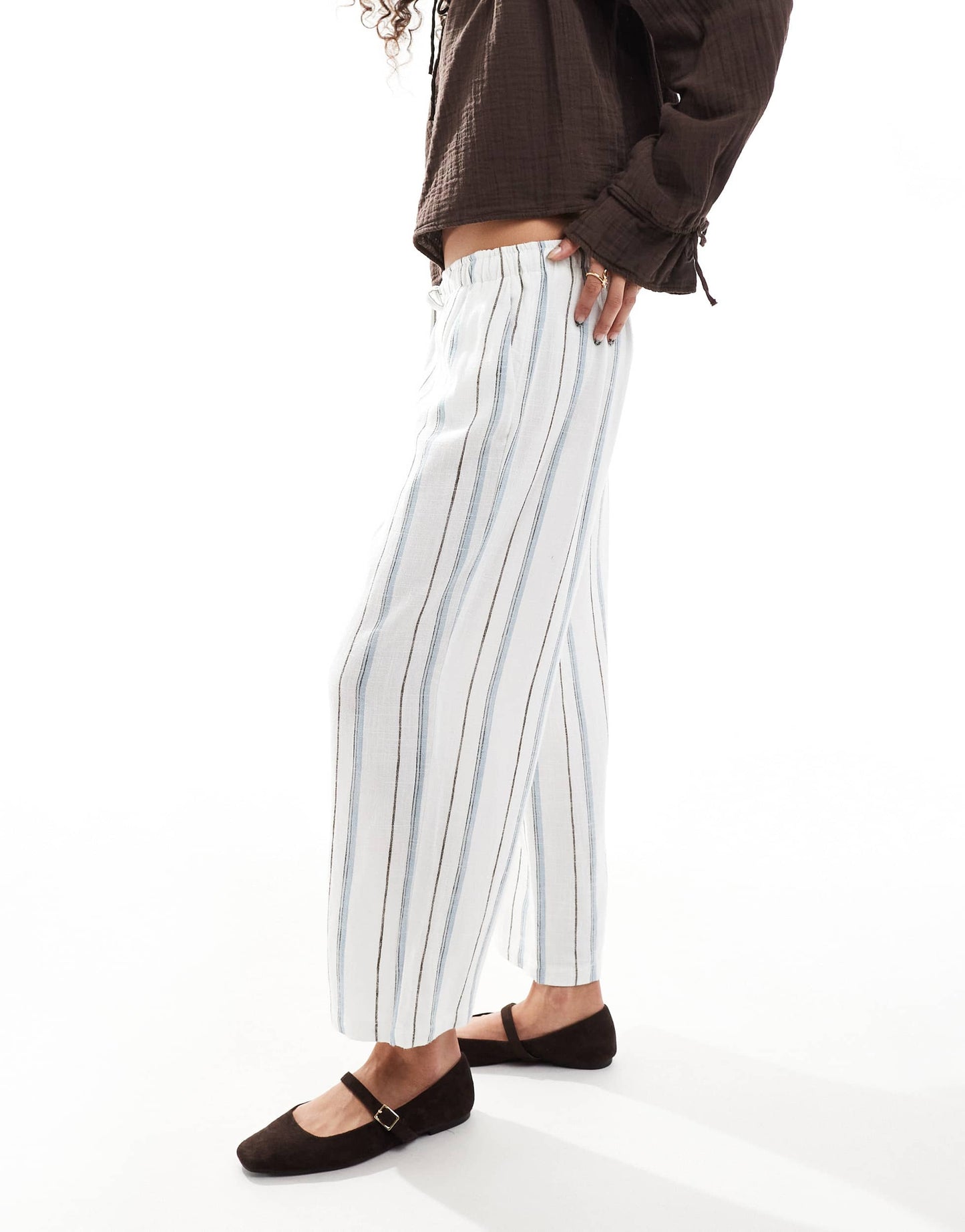 ONLY linen mix wide leg trousers in cream and blue stripe