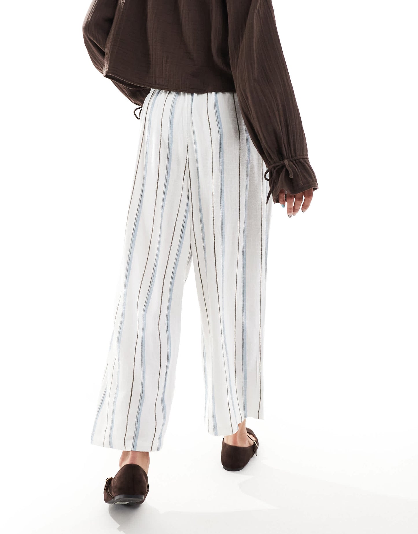 ONLY linen mix wide leg trousers in cream and blue stripe