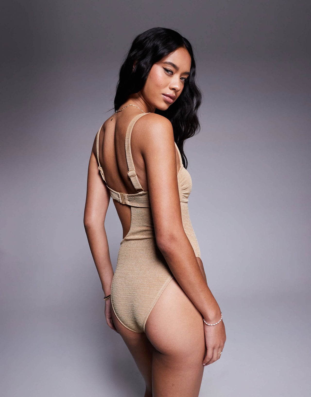 ASOS DESIGN Eloise textured cut out swimsuit with raffia trim in beige