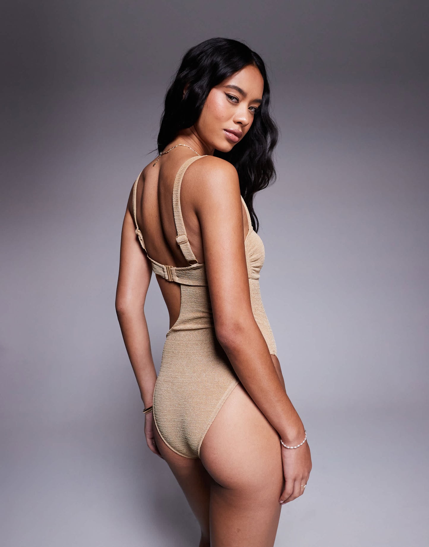 ASOS DESIGN Eloise textured cut out swimsuit with raffia trim in beige