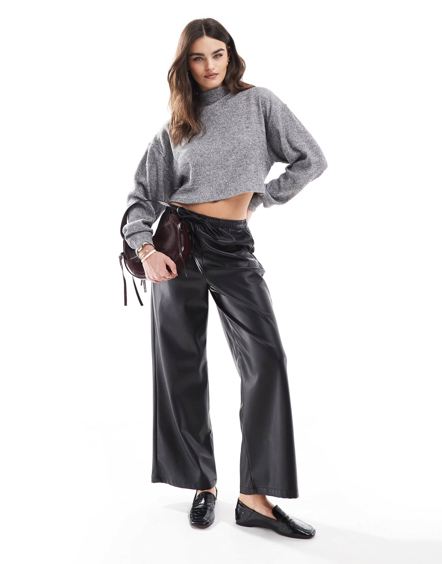 Bershka soft touch high neck top co-ord in light grey