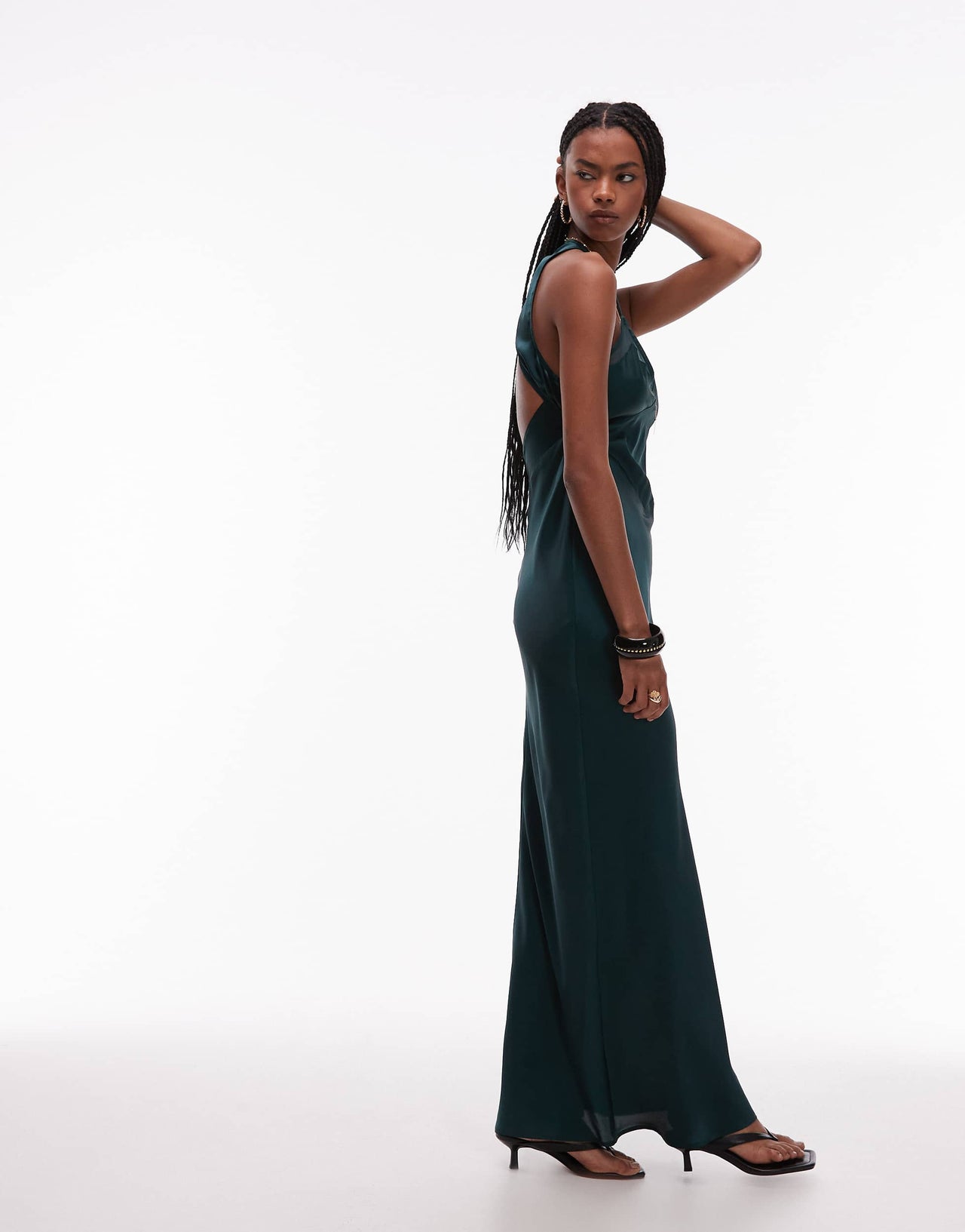 ASOS DESIGN bias cut satin panelled maxi dress with asymmetric back in dark green