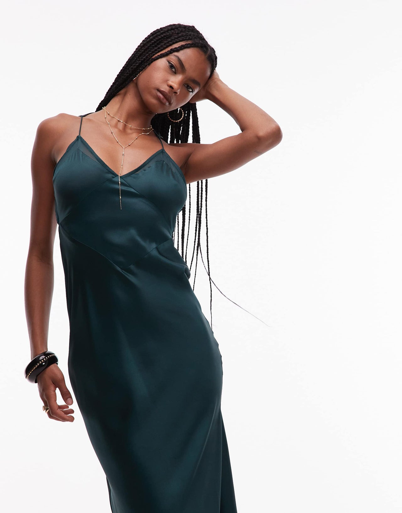 ASOS DESIGN bias cut satin panelled maxi dress with asymmetric back in dark green