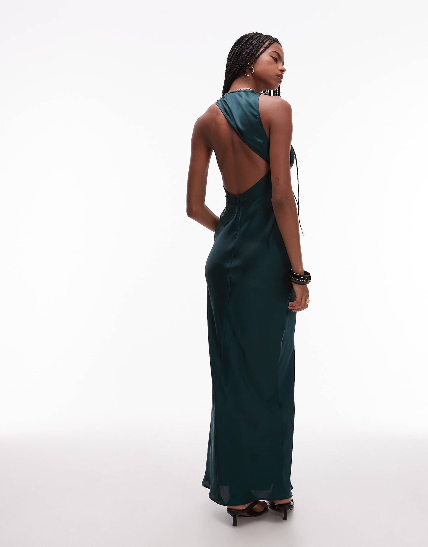 ASOS DESIGN bias cut satin panelled maxi dress with asymmetric back in dark green