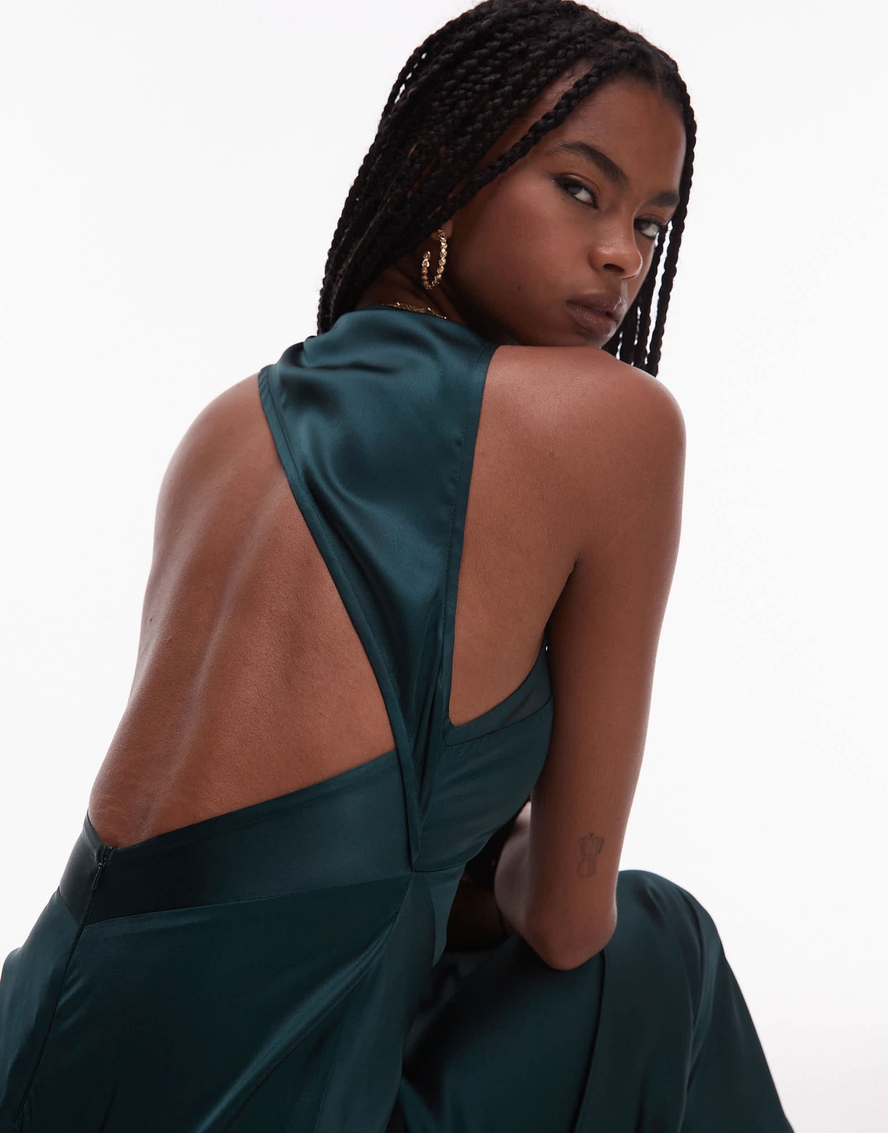 ASOS DESIGN bias cut satin panelled maxi dress with asymmetric back in dark green