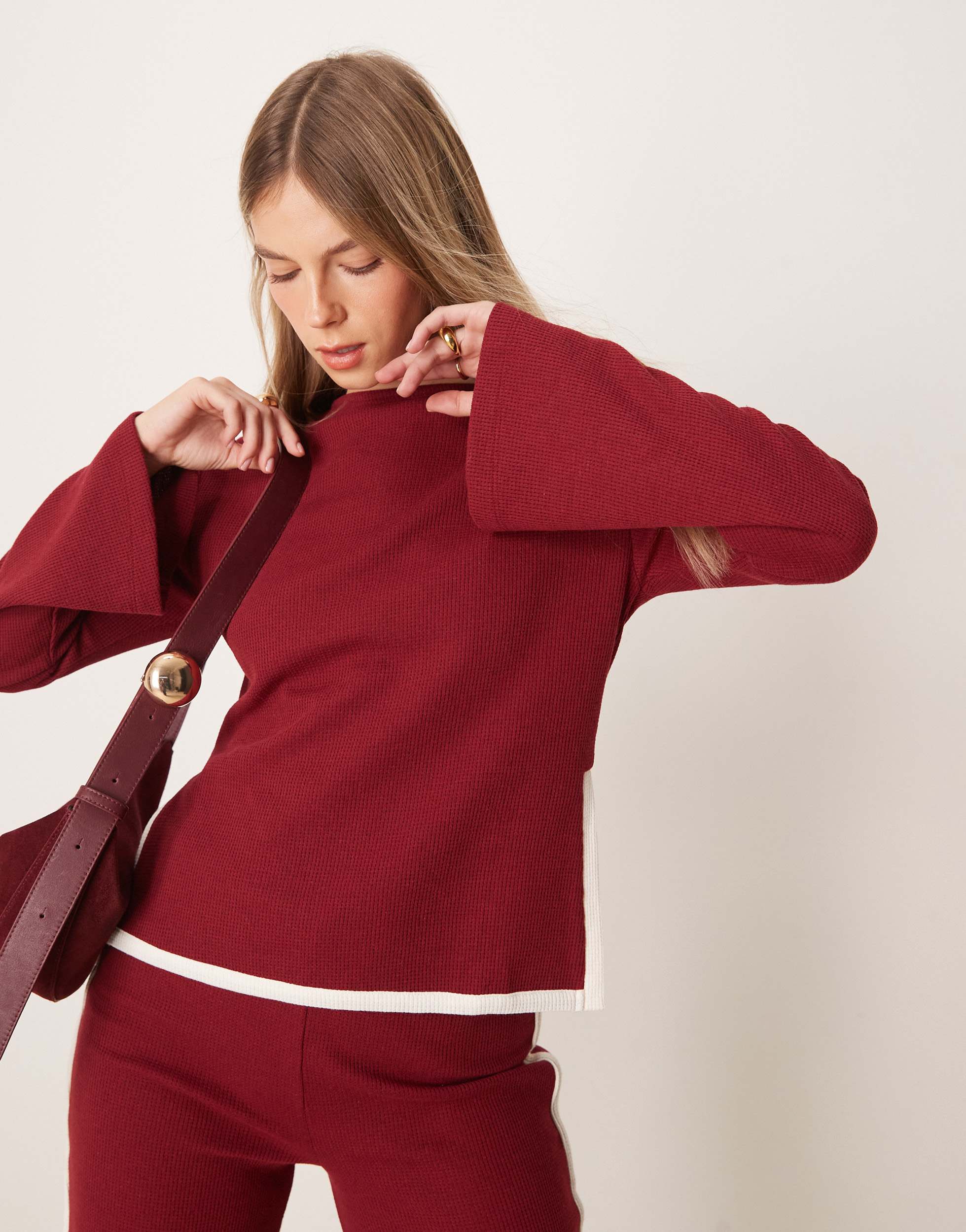 ASOS DESIGN tipped waffle co ord top with flare sleeve in burgundy