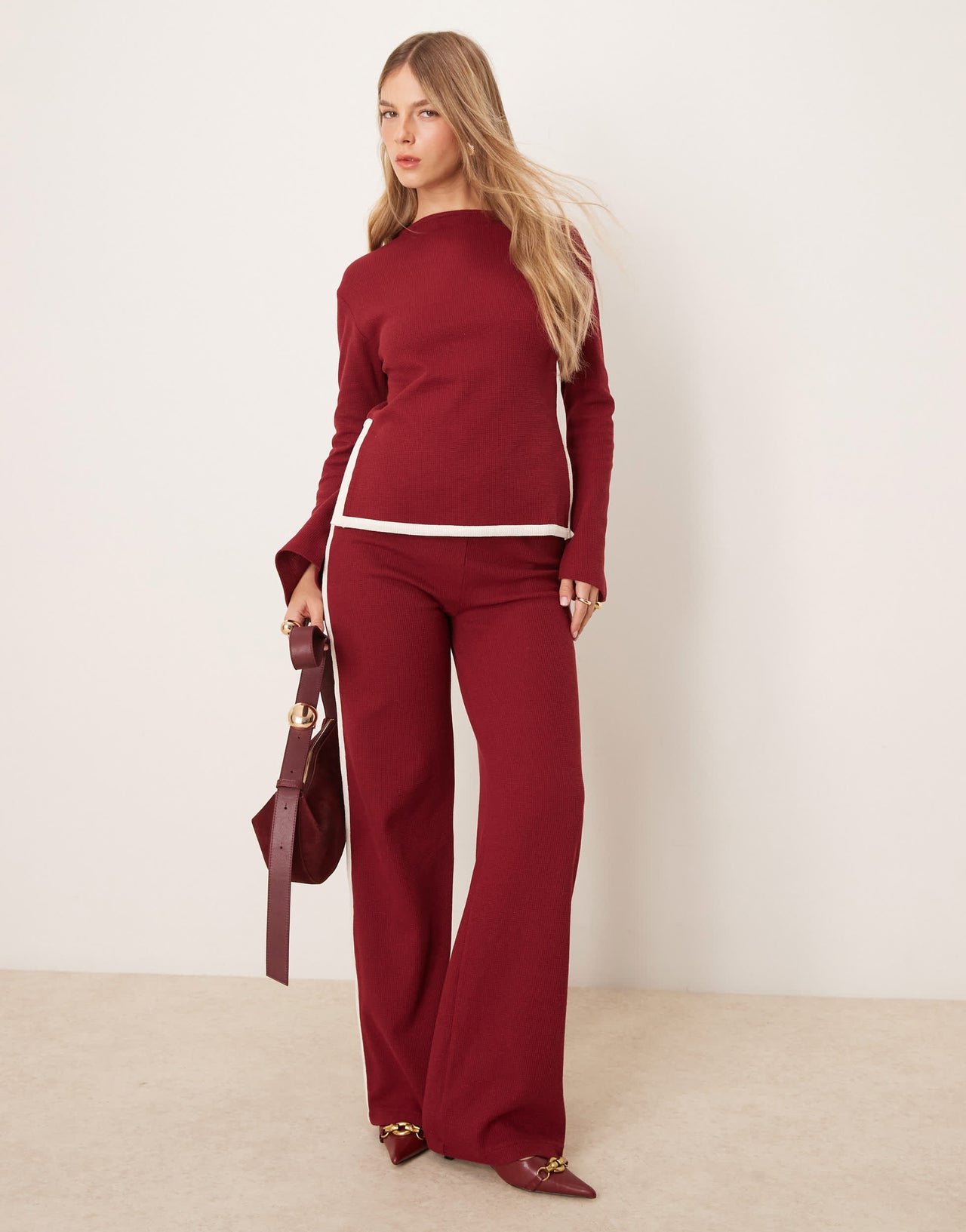ASOS DESIGN tipped waffle co ord top with flare sleeve in burgundy