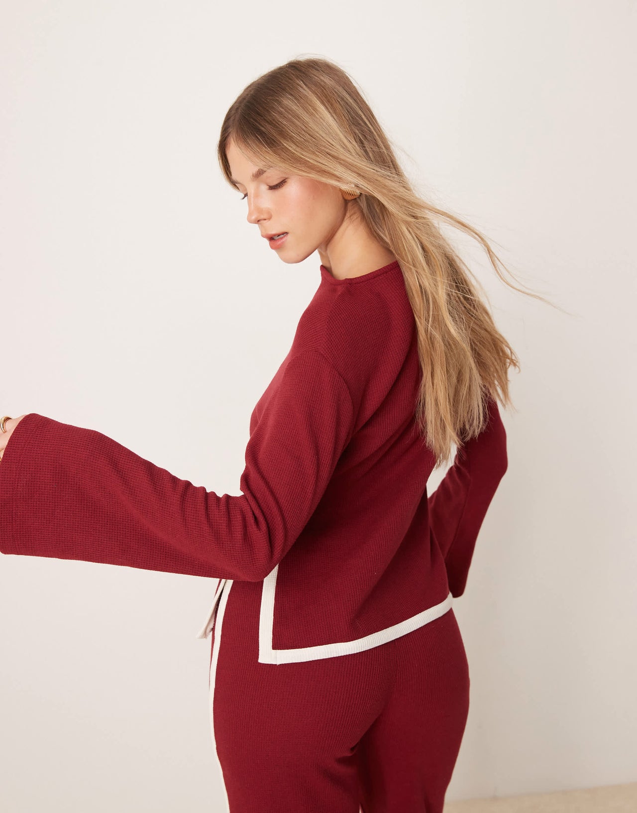 ASOS DESIGN tipped waffle co ord top with flare sleeve in burgundy