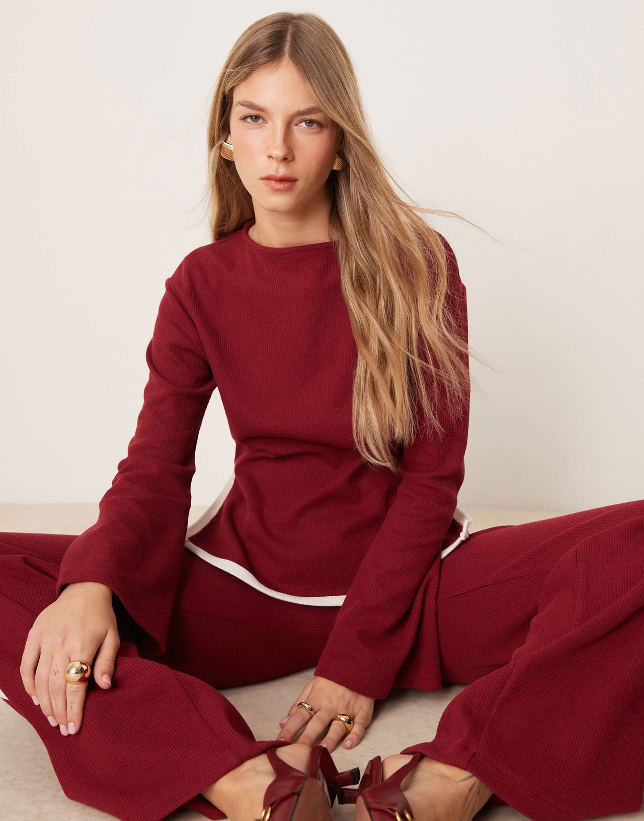 ASOS DESIGN tipped waffle co ord top with flare sleeve in burgundy