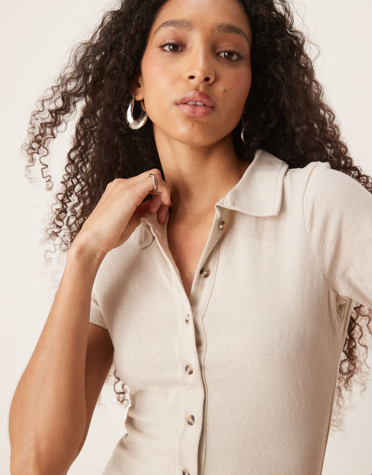 ASOS DESIGN collared mini column tea dress with button front and cap sleeve in stone