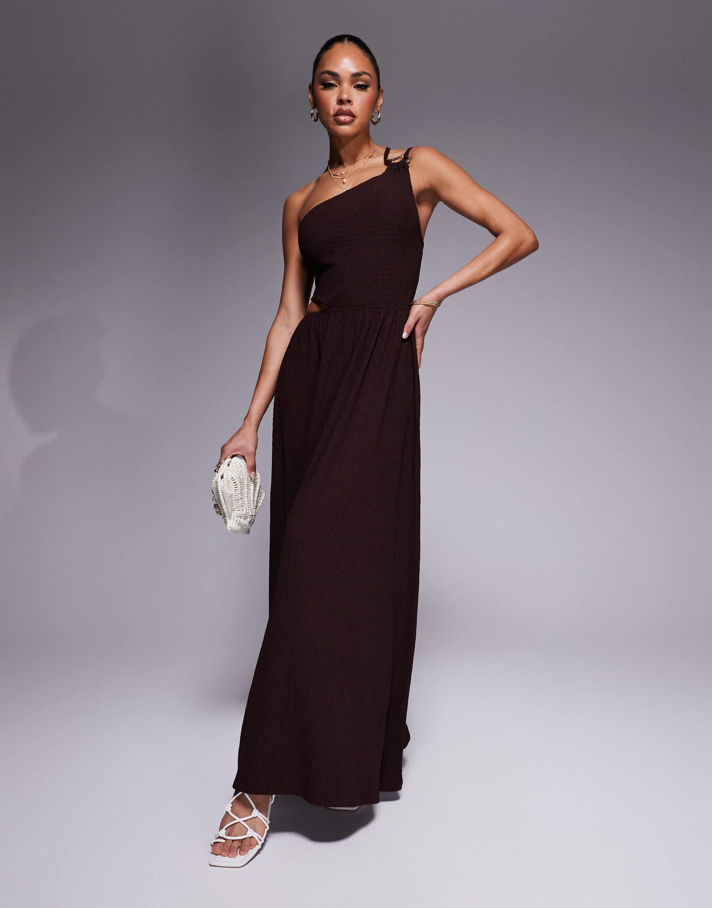 ASOS DESIGN textured one shoulder cut out waist with hardware detail maxi dress in chocolate