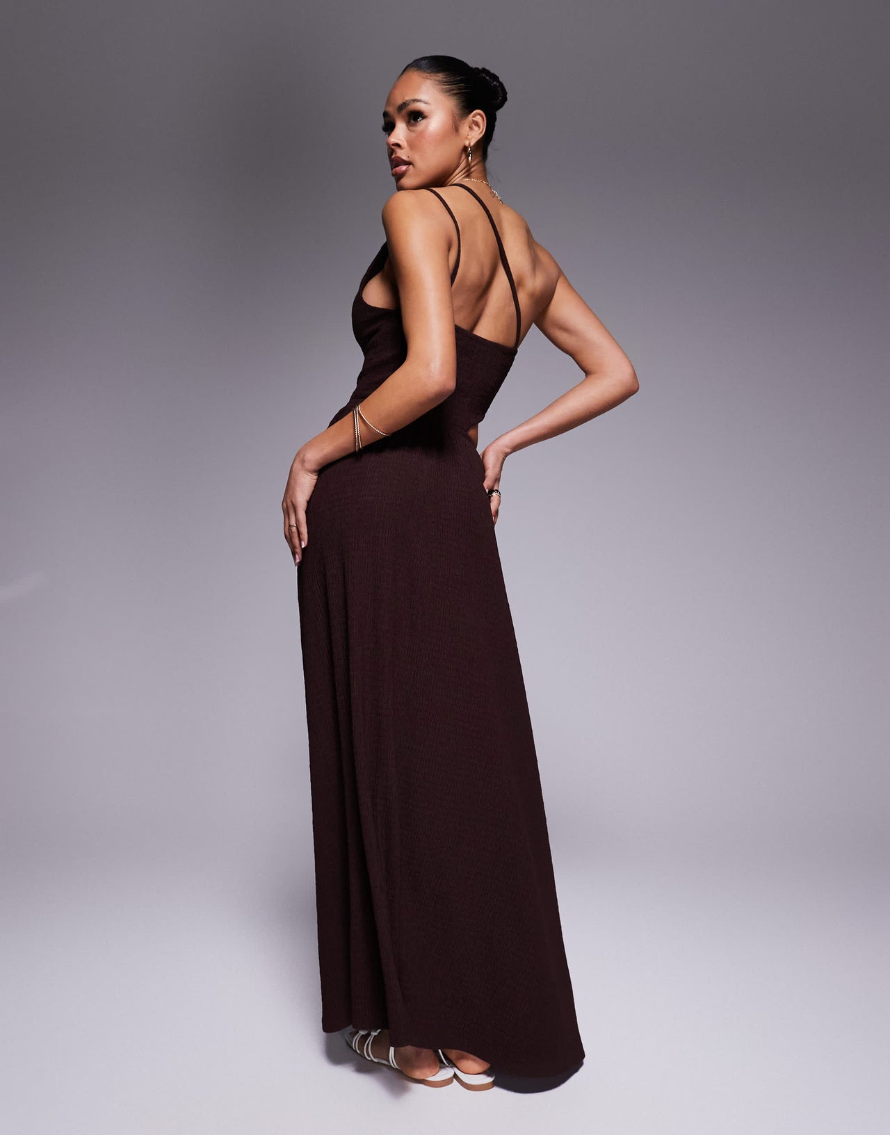 ASOS DESIGN textured one shoulder cut out waist with hardware detail maxi dress in chocolate