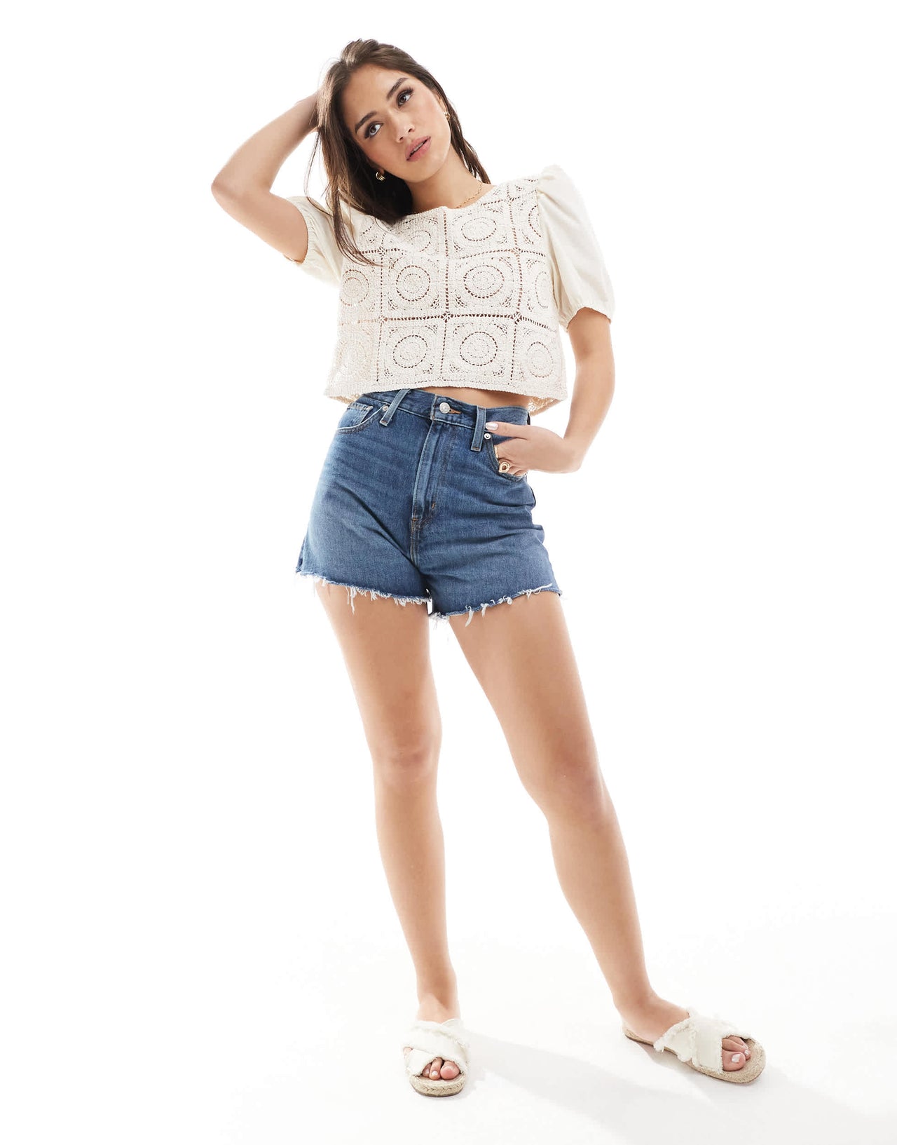 ONLY crochet tie back top in beige