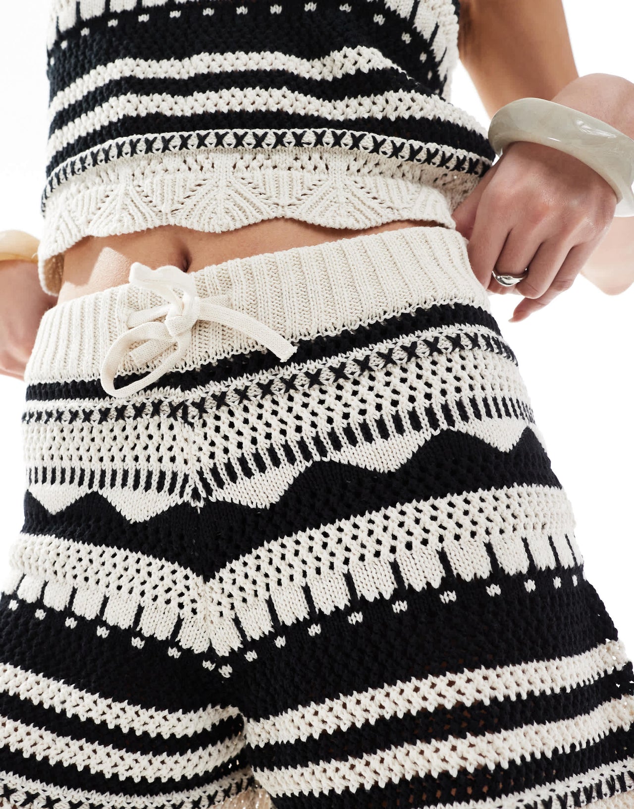 ONLY crochet shorts co-ord in beige and black pattern