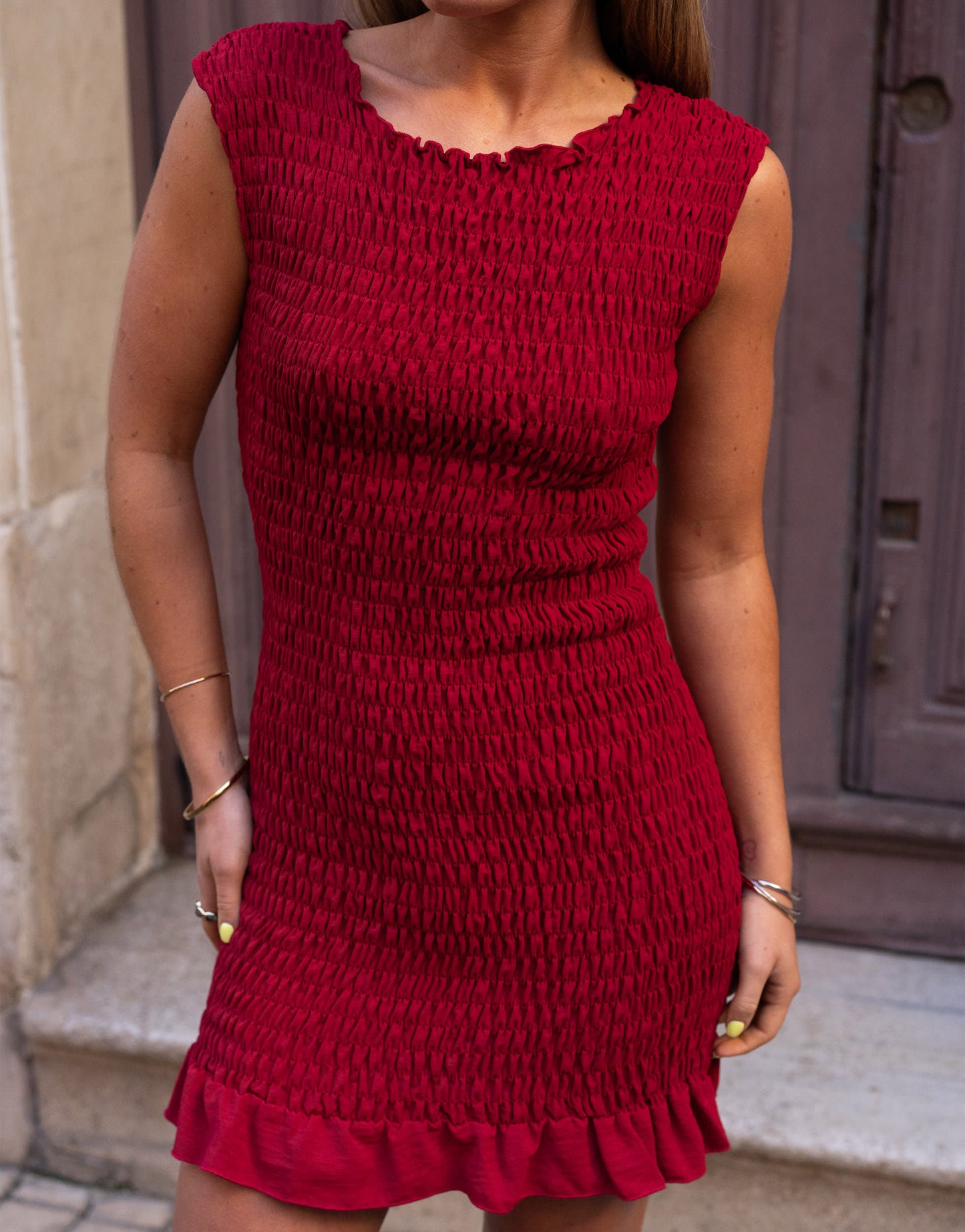 Daisy Street x Molly Mcfarlane mini shirred dress in red
