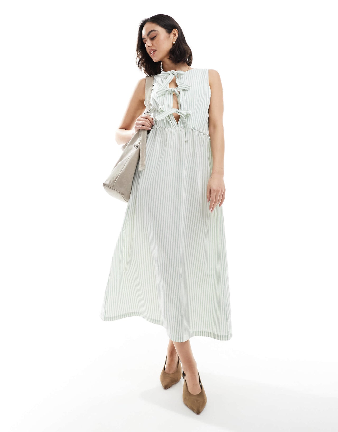 Daisy Street boxy fit chuck on midi dress in sage stripe