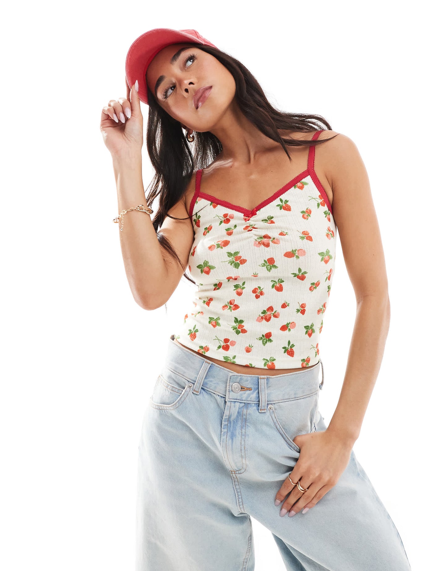 Daisy Street printed cropped cami top in red floral