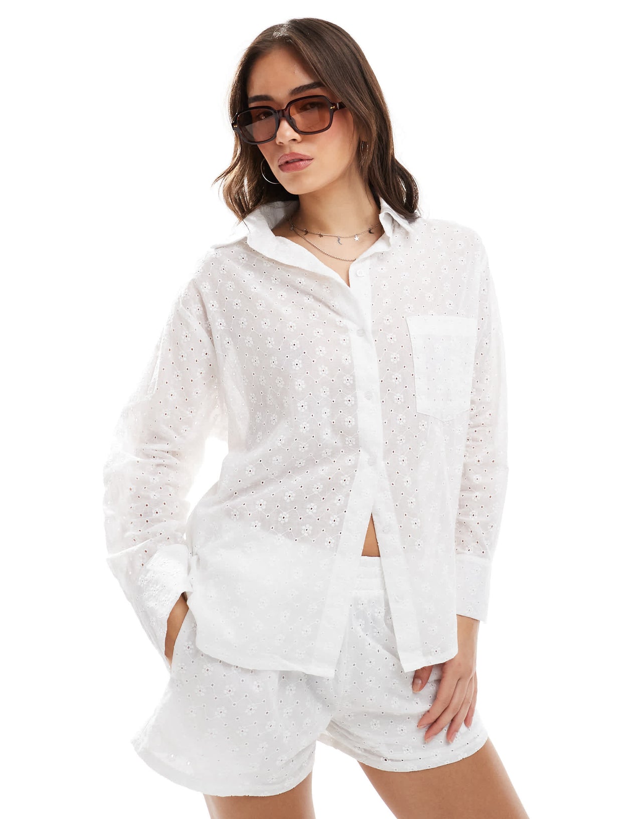 Daisy Street oversized broderie shirt in white co-ord