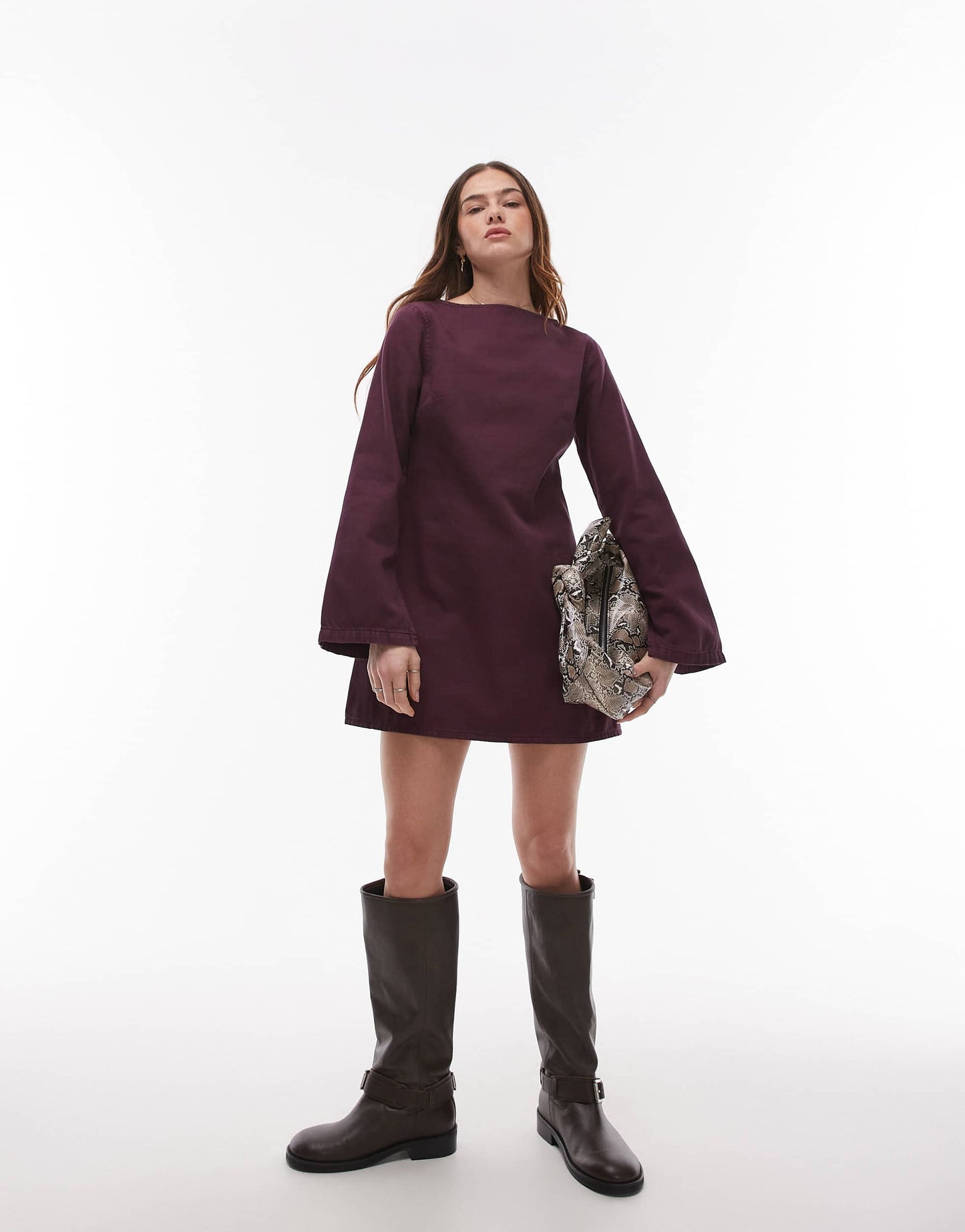 Topshop denim slash neck long sleeve dress in aubergine