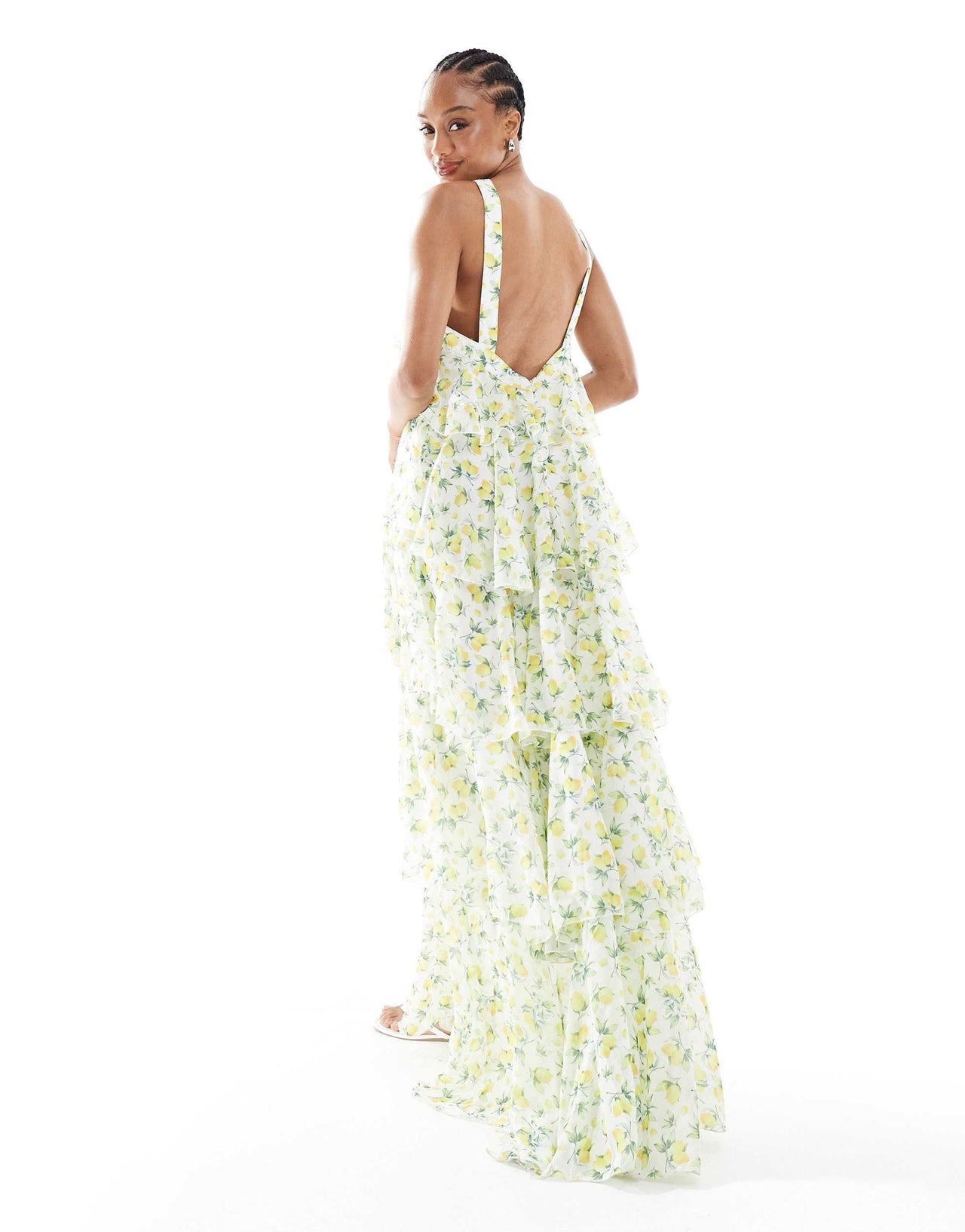 Vero Moda Tall Felicia halter neck tiered maxi dress with corsage detail in lemon print
